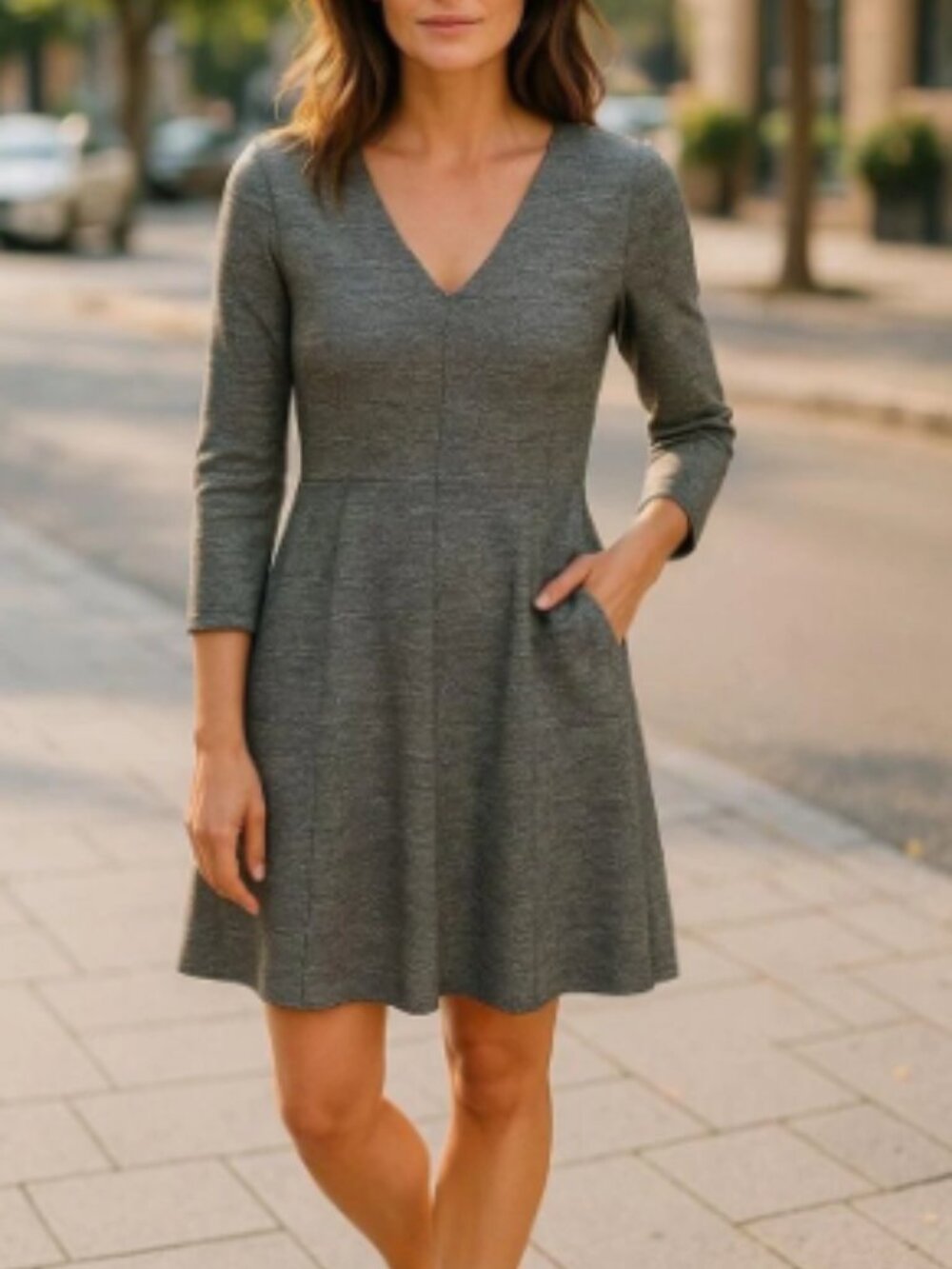 Madewell Grey Textured V‑Neck Long Sleeve Dress